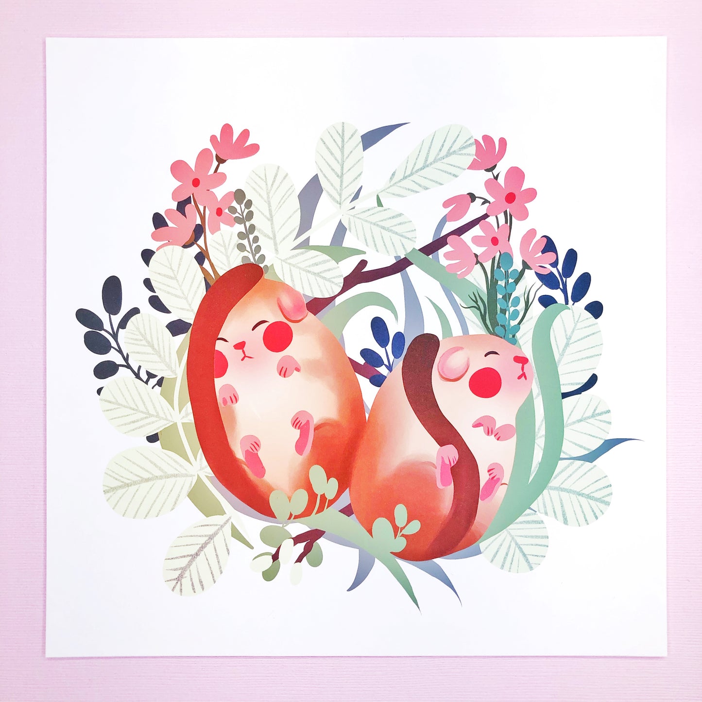 Cute Sleeping Dormouse Art Print - Dormice Sleeping Cute Animal Art for Nursery, Child's Room, Cottage Core, Craft Room Art, Floral Art