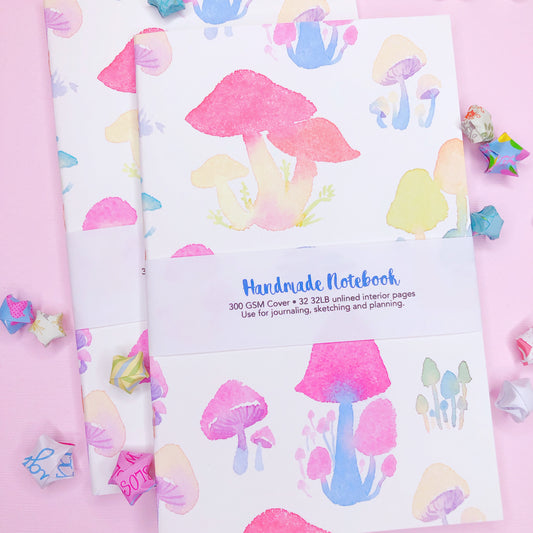 Beautiful Watercolor Mushroom Handmade Notebook Blank Book in A5 Half Letter for journaling, sketching and more!