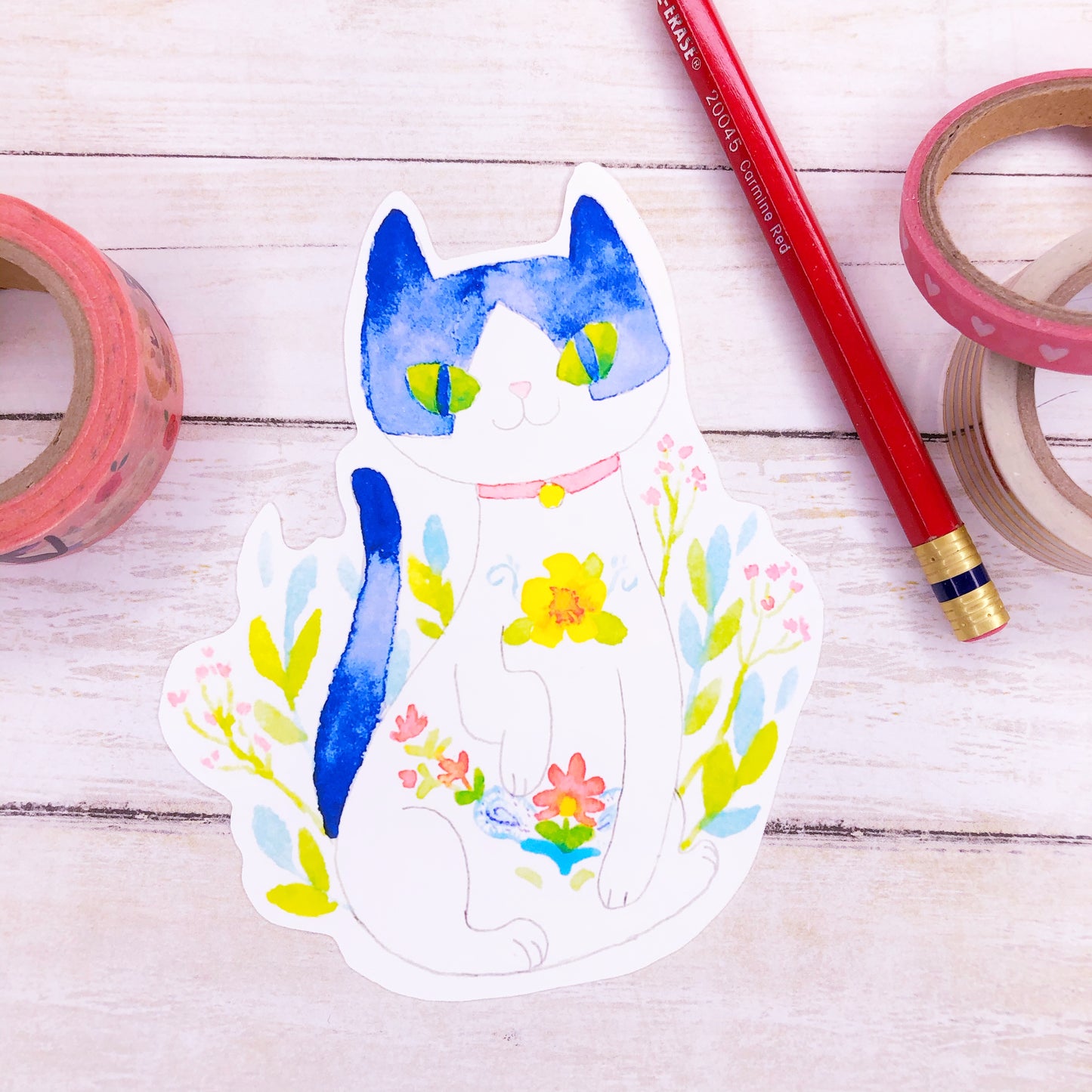 Extra Large Cute Floral Cat Watercolor Sticker for laptops, water bottles and more!