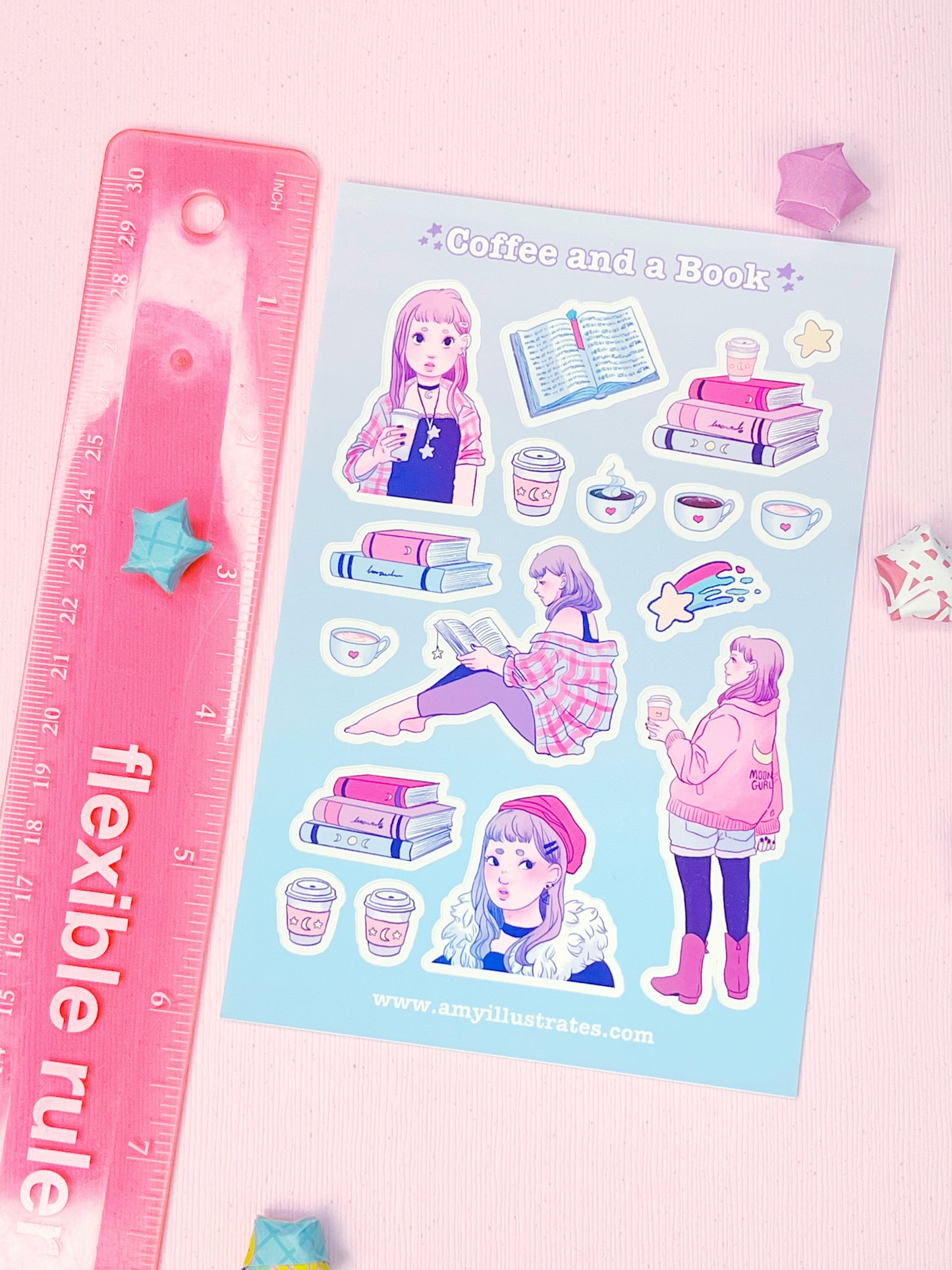 Cute Pink and Lavender Girl with Coffee and Books Planner Stickers.