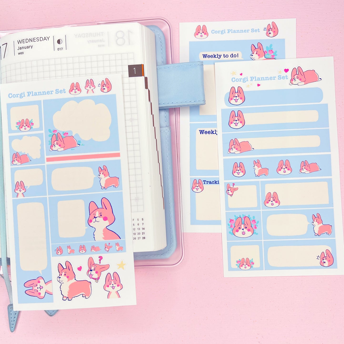 Cute Pastel Blue Pembroke Welsh Corgi Planner Sticker Set for Hobonichi Weeks and Other Planners