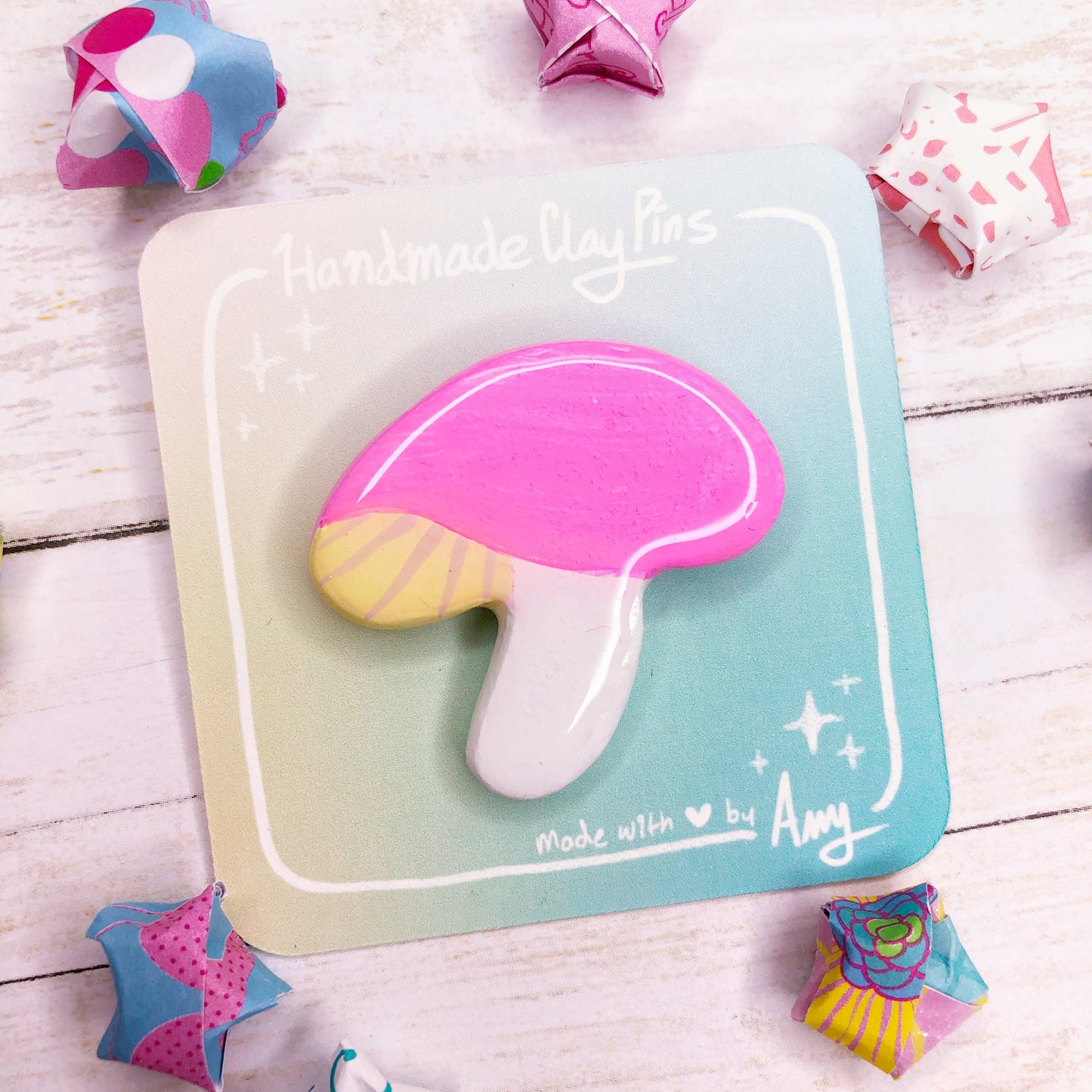 Simple Clay Mushroom Brooch Designs in Hot Pink with Resin Coating