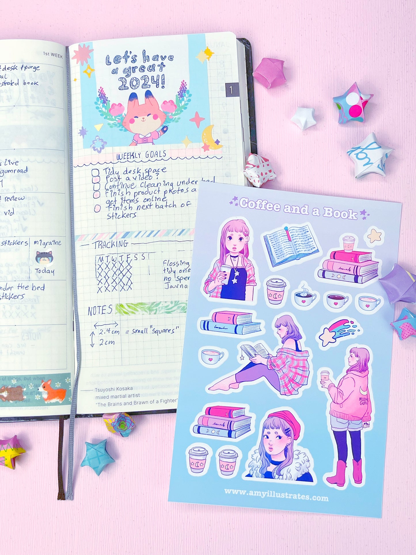 Cute Pink and Lavender Girl with Coffee and Books Planner Stickers.