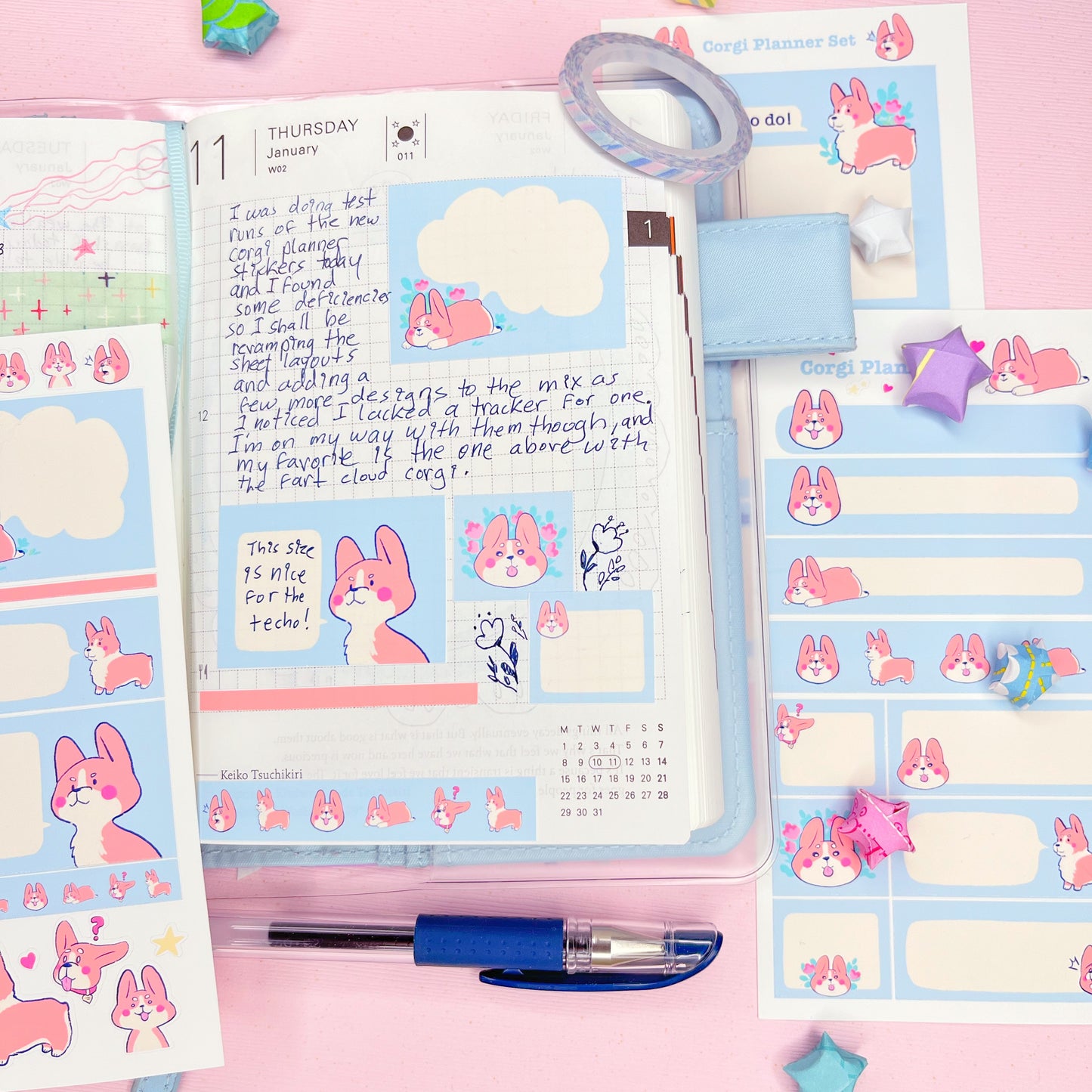 Cute Pastel Blue Pembroke Welsh Corgi Planner Sticker Set for Hobonichi Weeks and Other Planners