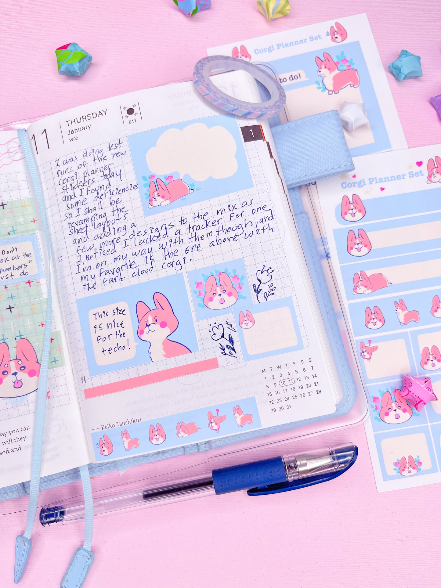 Cute Pastel Blue Pembroke Welsh Corgi Planner Sticker Set for Hobonichi Weeks and Other Planners