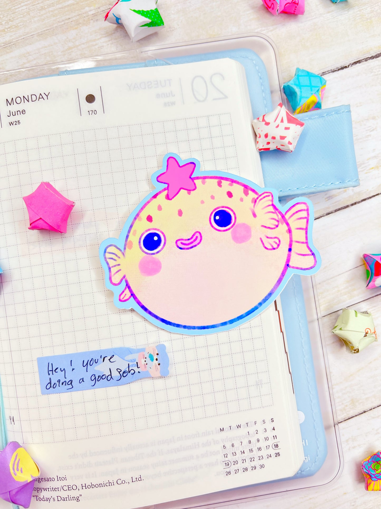 Cute kawaii Blowfish Puffer Fish large stickers for water bottles, laptop, scrapbooking, planners and more!