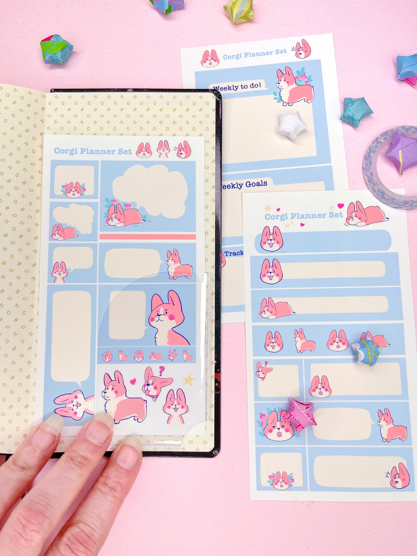 Cute Pastel Blue Pembroke Welsh Corgi Planner Sticker Set for Hobonichi Weeks and Other Planners