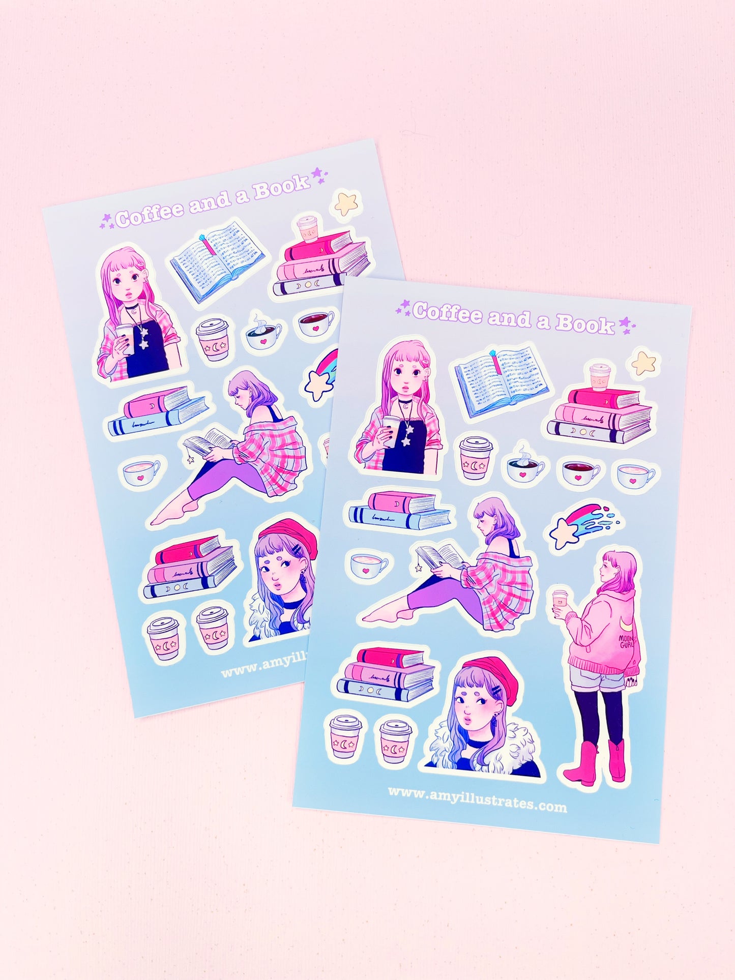 Cute Pink and Lavender Girl with Coffee and Books Planner Stickers.