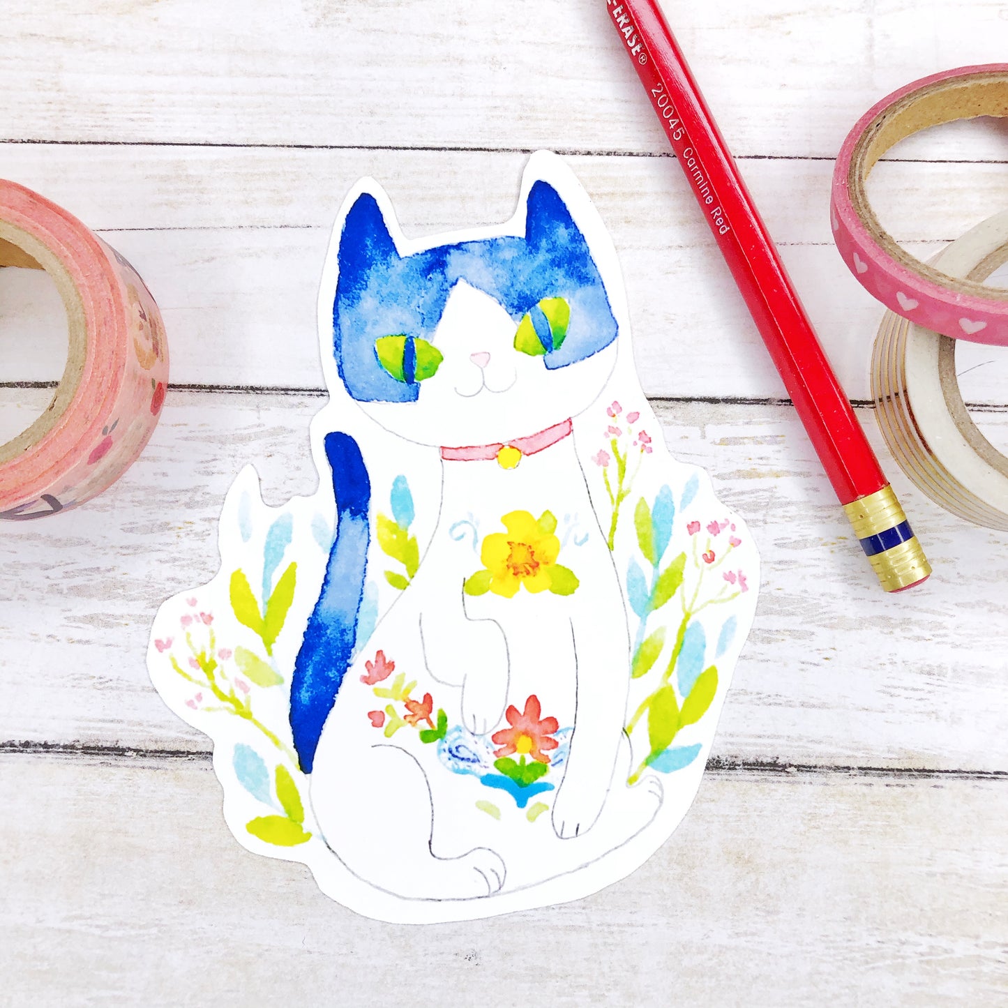 Extra Large Cute Floral Cat Watercolor Sticker for laptops, water bottles and more!