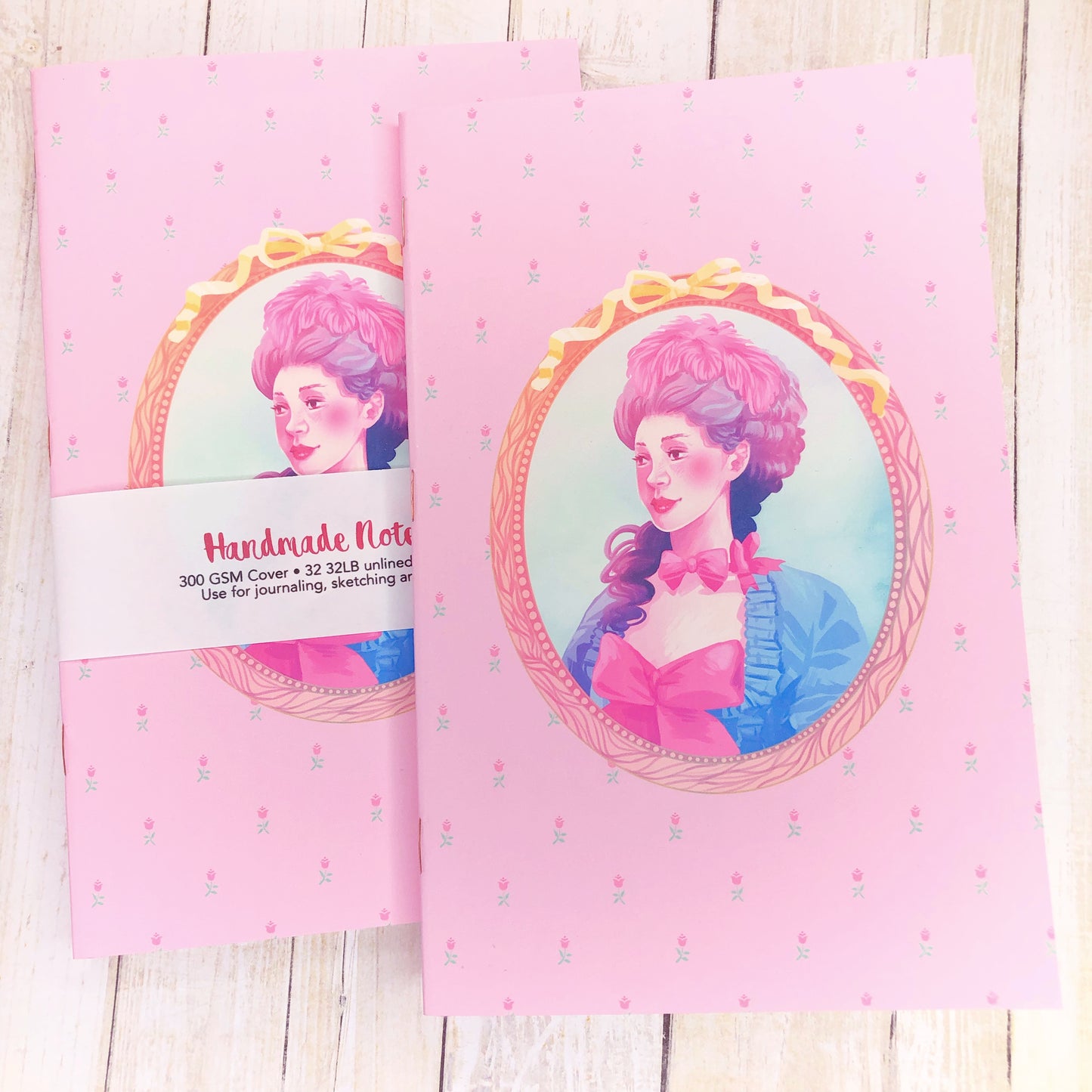 Lovely Pastel Pink Marie Antoinette Handmade Notebook Blank Book in A5 Half Letter for journaling, sketching and more!