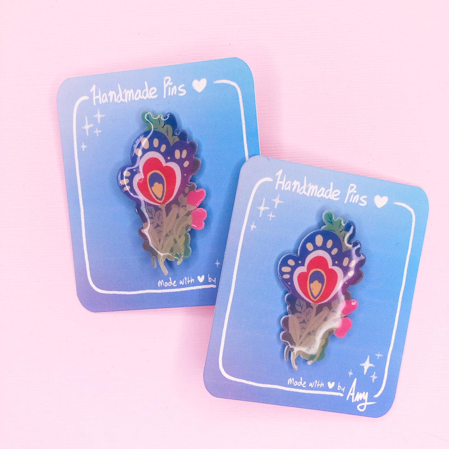 Handmade Folk Art Floral Shrink Film and Resin Brooches