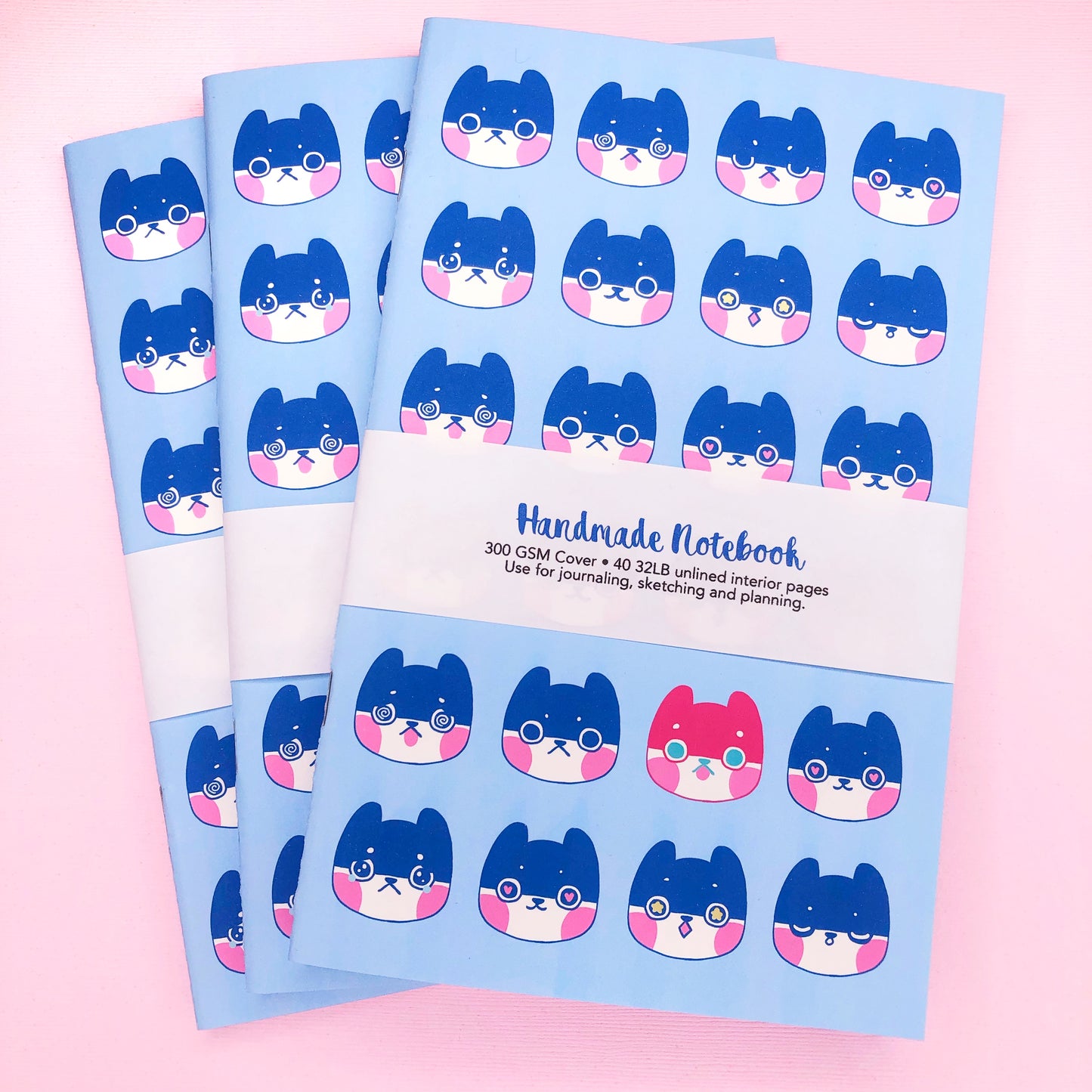 Super Cute Kitty Moods Handmade Notebook Blank Book in A5 Half Letter for journaling, sketching and more!