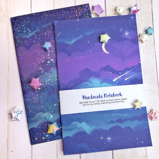 Beautiful Starry Sky Handmade Notebook Blank Book in A5 Half Letter for journaling, sketching and more!