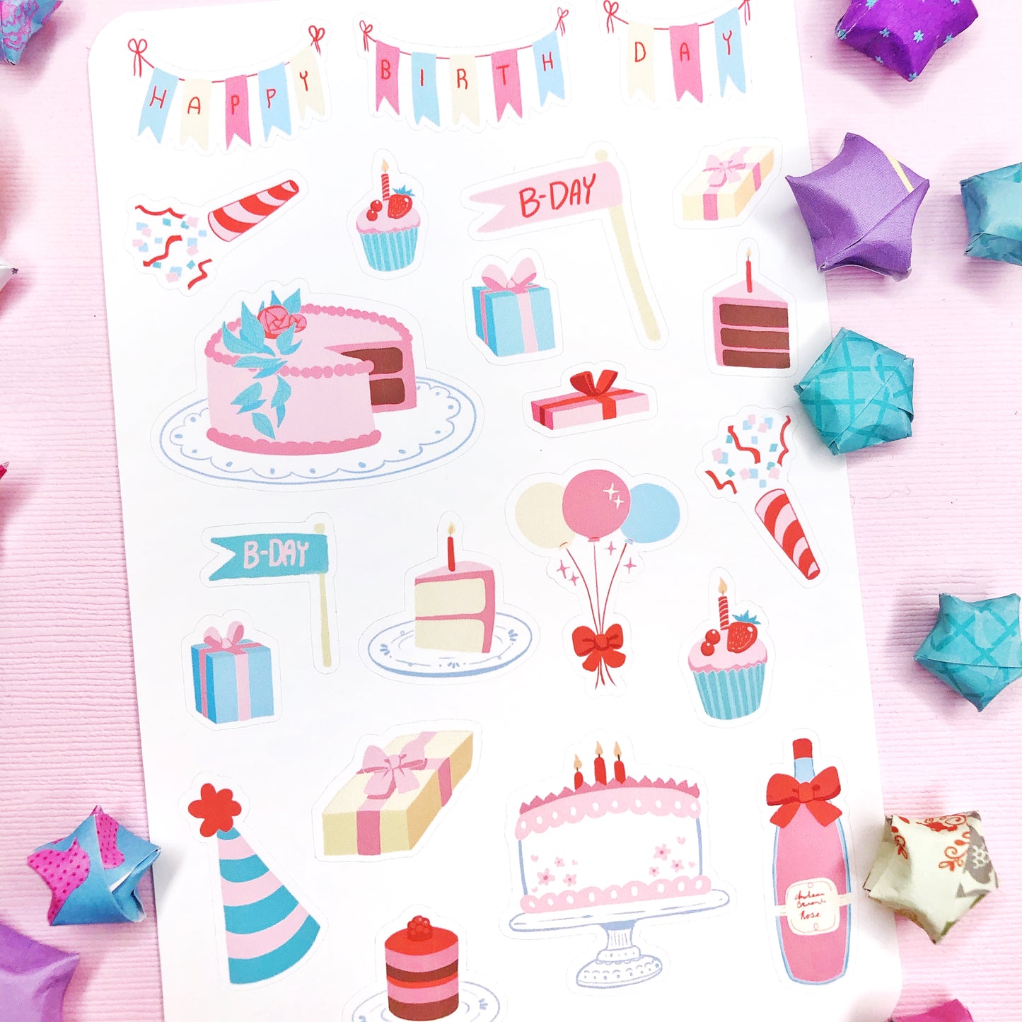 Cute Pink Teal Birthday Stickers for Planners and Bullet Journals and more!