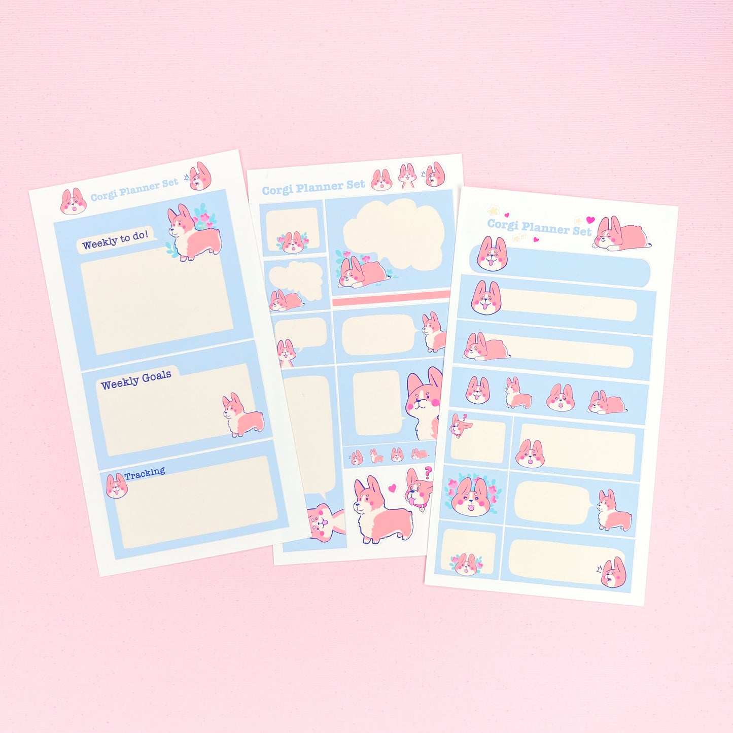 Cute Pastel Blue Pembroke Welsh Corgi Planner Sticker Set for Hobonichi Weeks and Other Planners