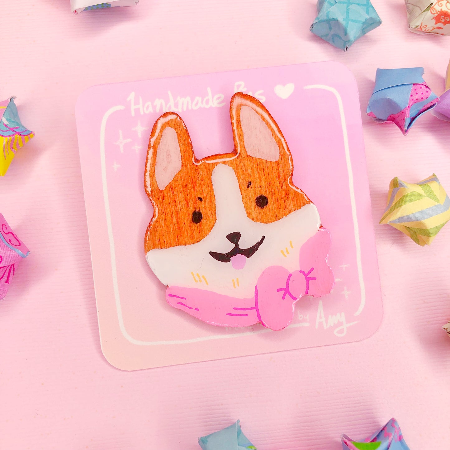 A Cute Handmade Happy Pembroke Welsh Corgi Wooden Pin with Hard Resin Enamel