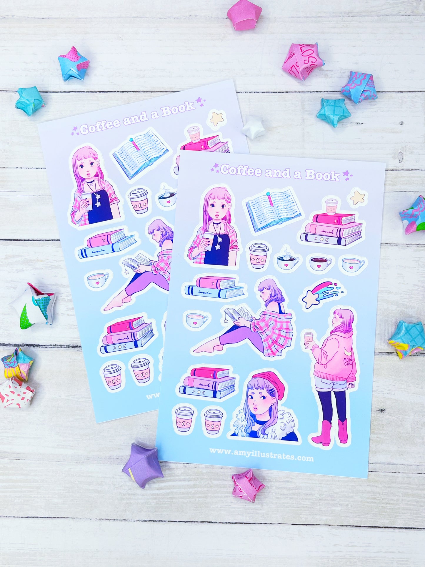 Cute Pink and Lavender Girl with Coffee and Books Planner Stickers.