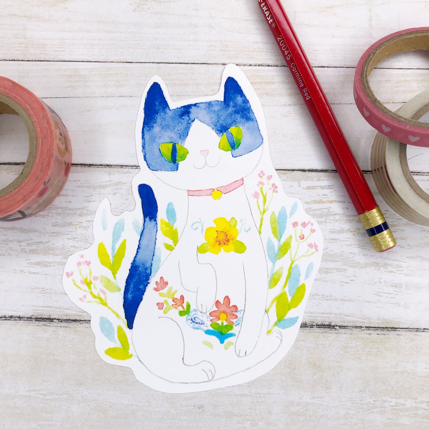 Extra Large Cute Floral Cat Watercolor Sticker for laptops, water bottles and more!