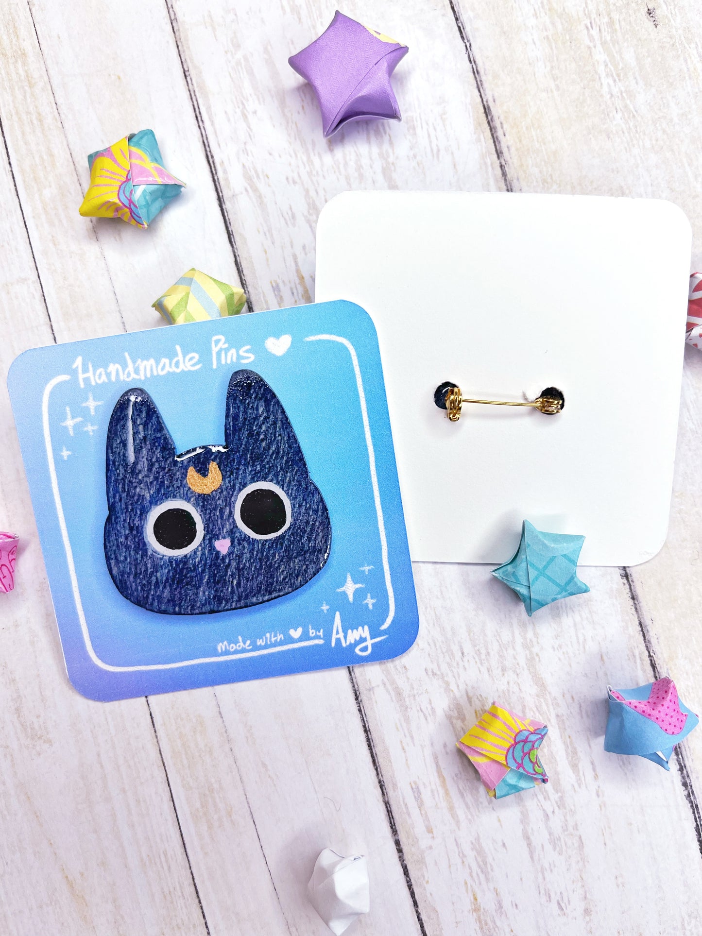 A Cute Handmade Sassy Black Cat Wooden Pin with Hard Resin Enamel