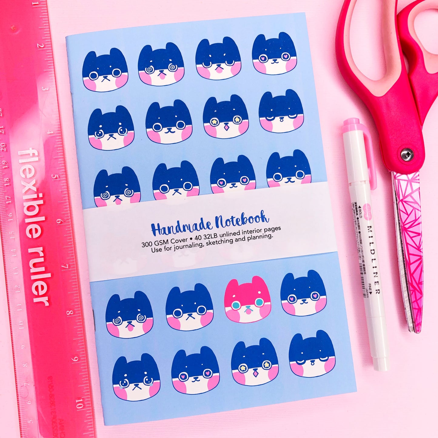 Super Cute Kitty Moods Handmade Notebook Blank Book in A5 Half Letter for journaling, sketching and more!