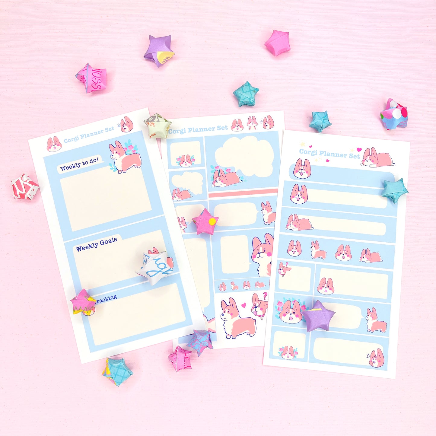 Cute Pastel Blue Pembroke Welsh Corgi Planner Sticker Set for Hobonichi Weeks and Other Planners