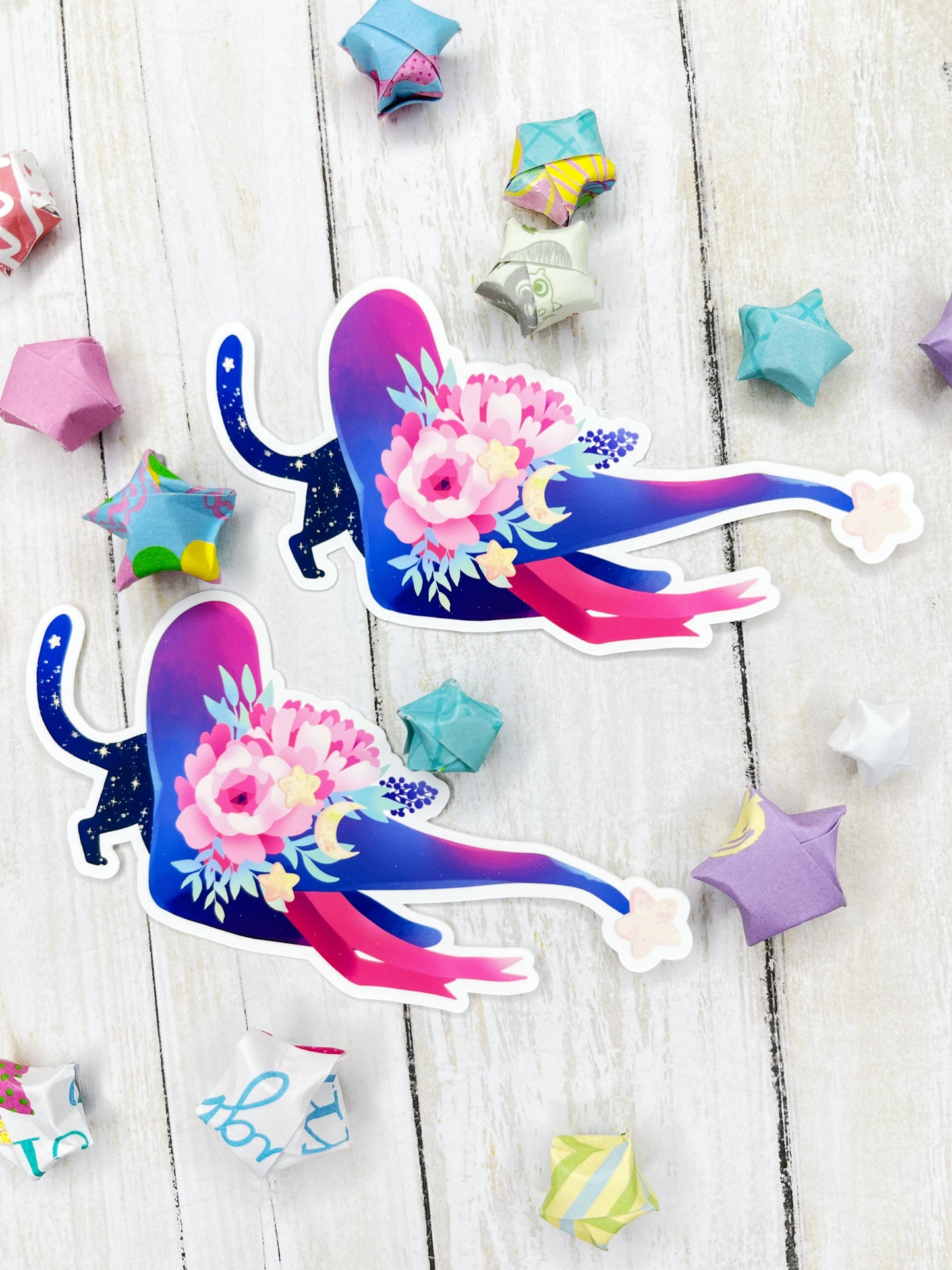 Cute Celestial Cat in a Floral Deco Witch Hat for Planners, water bottles and more!