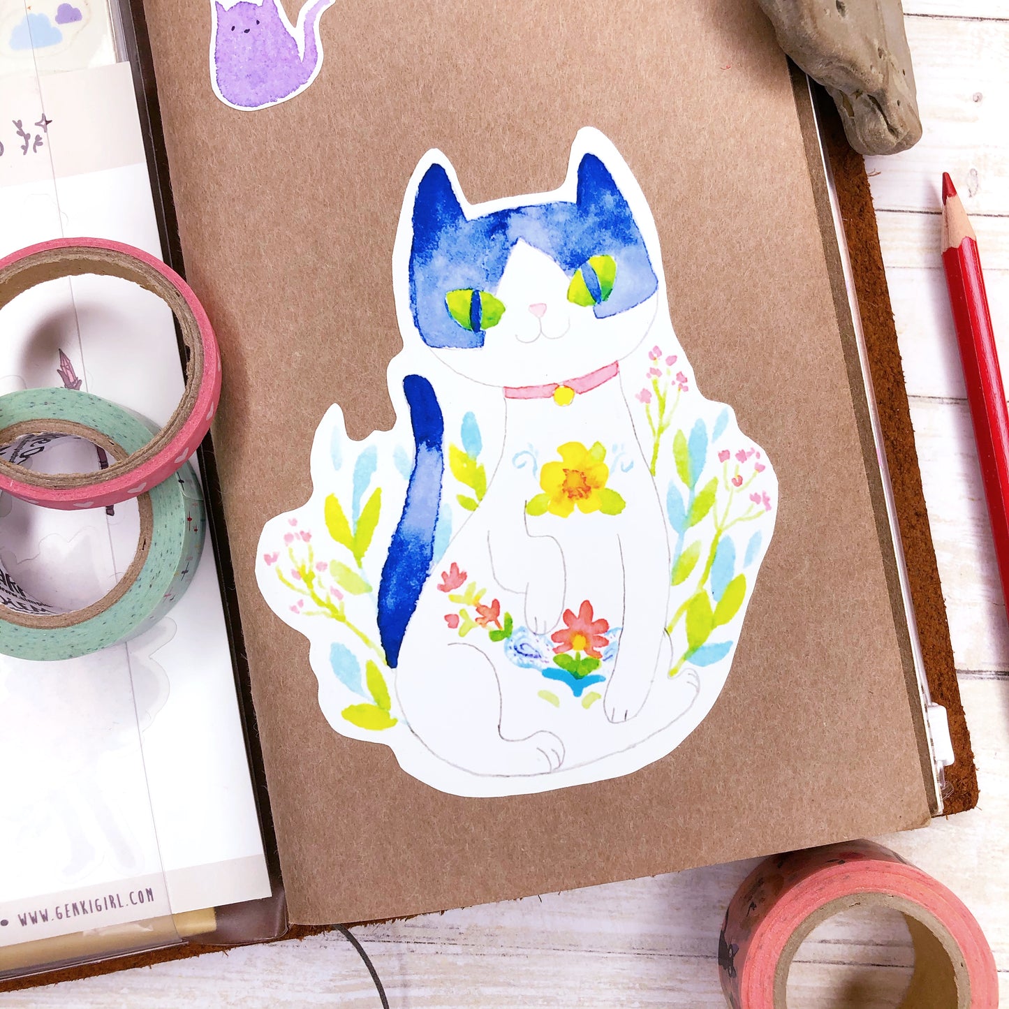 Extra Large Cute Floral Cat Watercolor Sticker for laptops, water bottles and more!