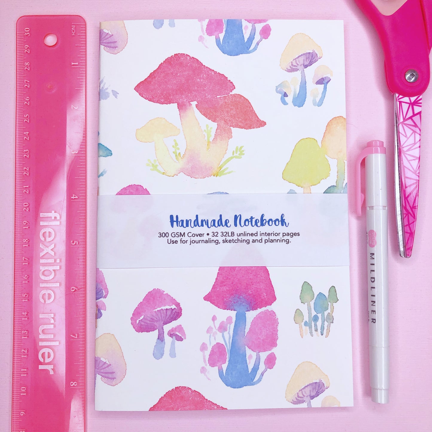 Beautiful Watercolor Mushroom Handmade Notebook Blank Book in A5 Half Letter for journaling, sketching and more!