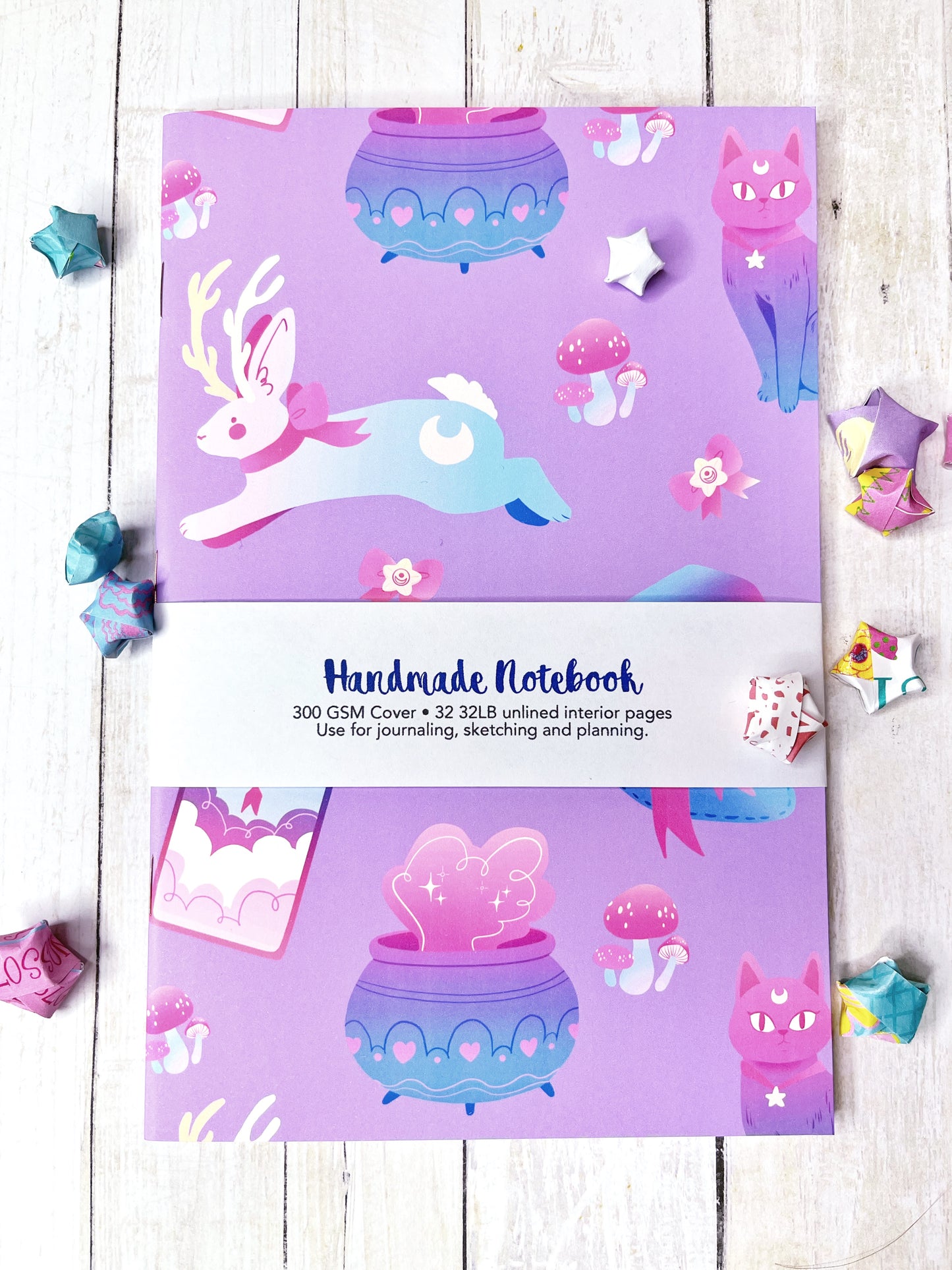 Cute Pastel Lilac Witch Handmade Notebook Blank Book Magical Girl Grimoire Witchy A5 Half Letter Journal planner (Copy)