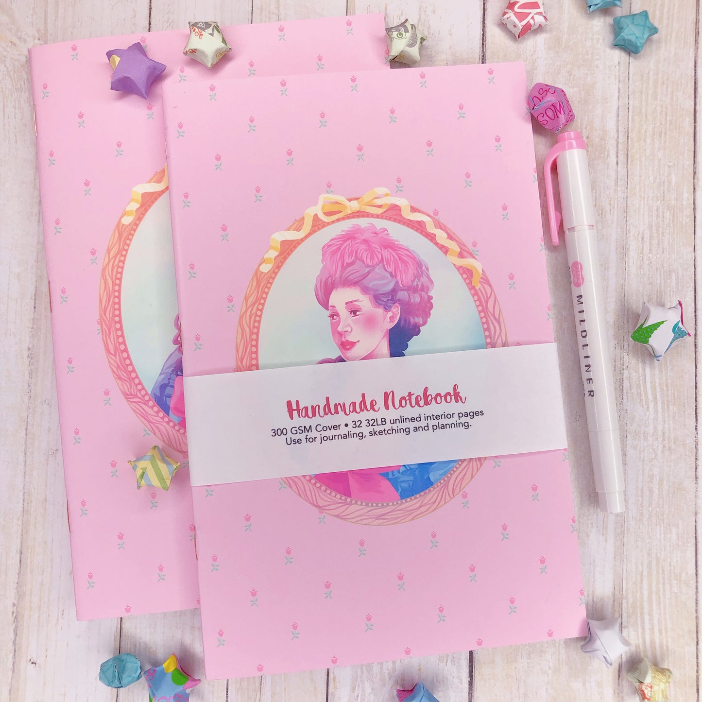 Lovely Pastel Pink Marie Antoinette Handmade Notebook Blank Book in A5 Half Letter for journaling, sketching and more!