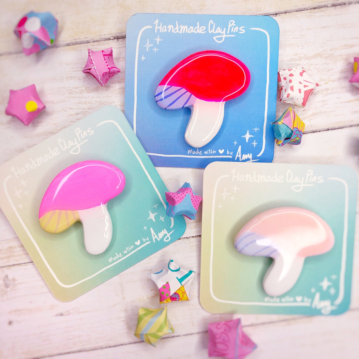 Simple Clay Mushroom Brooch Designs in Hot Pink with Resin Coating