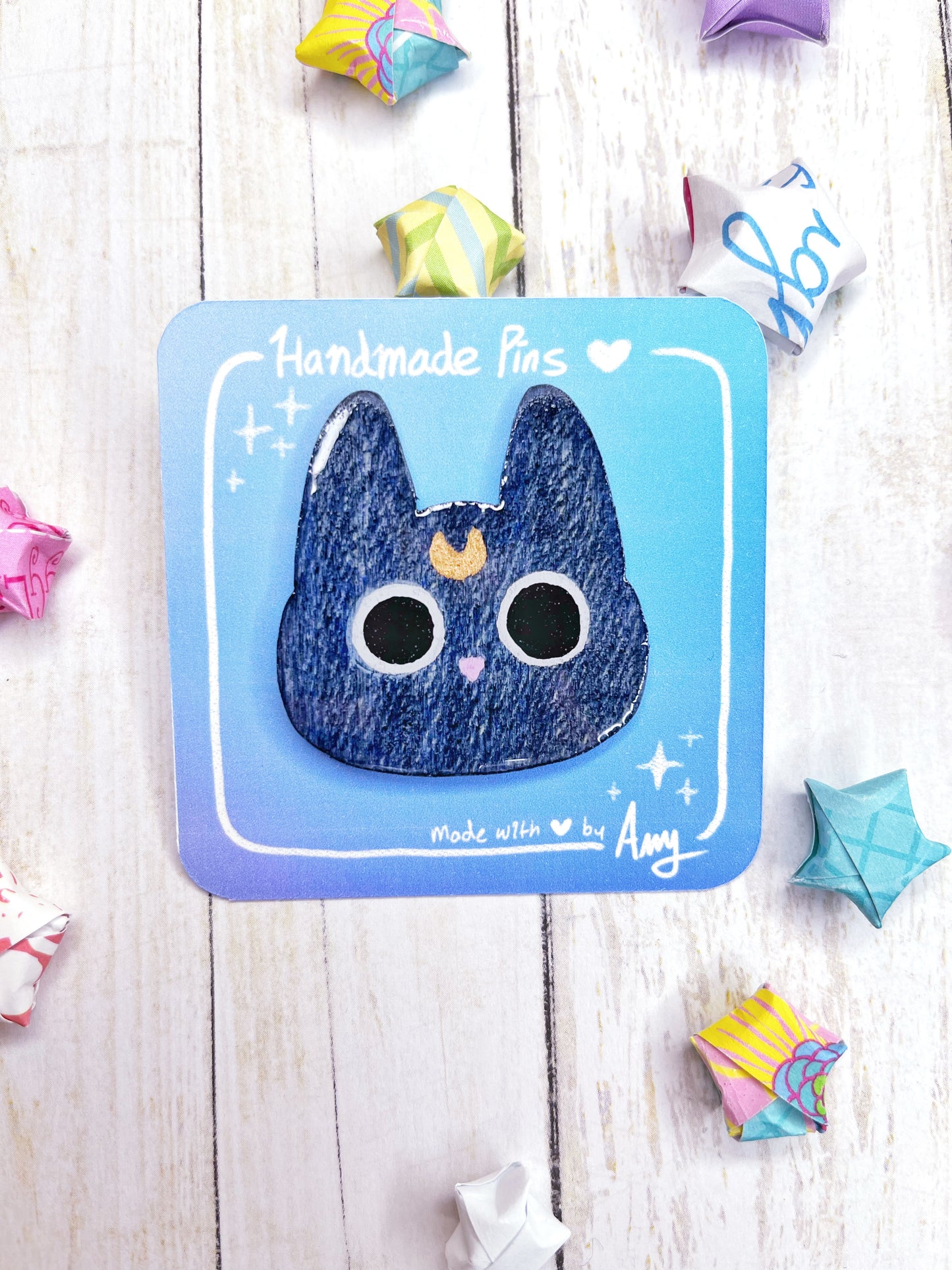 A Cute Handmade Sassy Black Cat Wooden Pin with Hard Resin Enamel