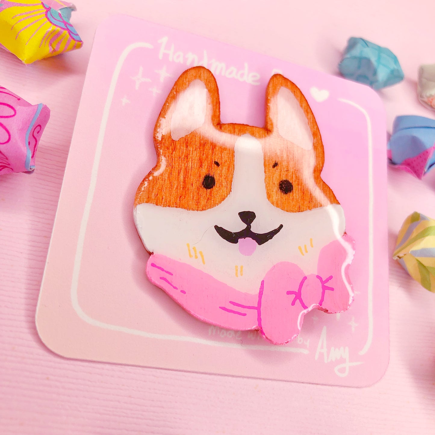 A Cute Handmade Happy Pembroke Welsh Corgi Wooden Pin with Hard Resin Enamel