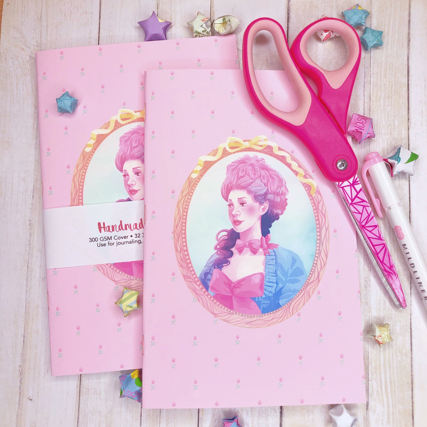 Lovely Pastel Pink Marie Antoinette Handmade Notebook Blank Book in A5 Half Letter for journaling, sketching and more!