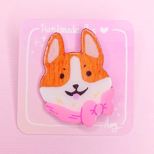 A Cute Handmade Happy Pembroke Welsh Corgi Wooden Pin with Hard Resin Enamel