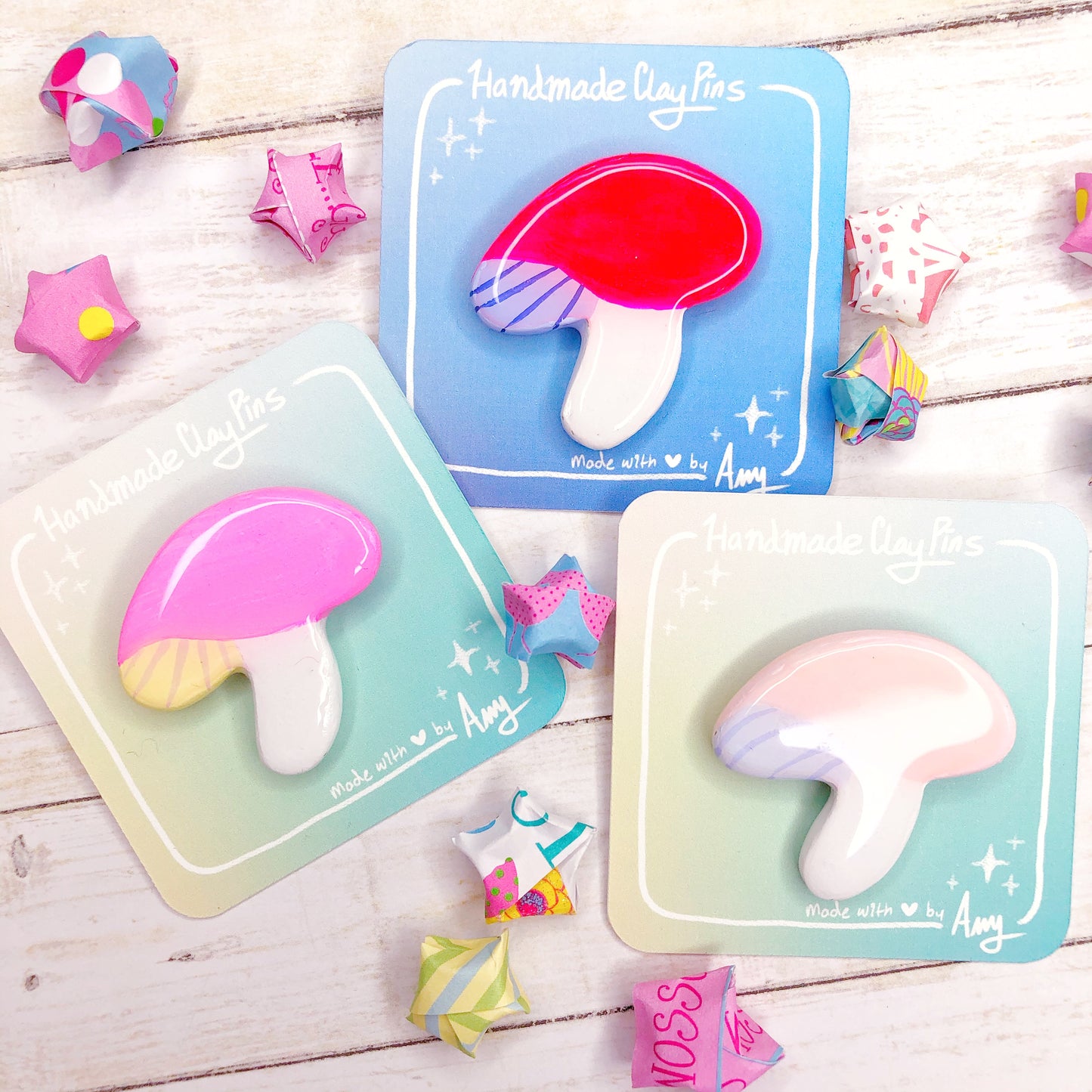 Simple Clay Mushroom Brooch Designs in Hot Pink with Resin Coating