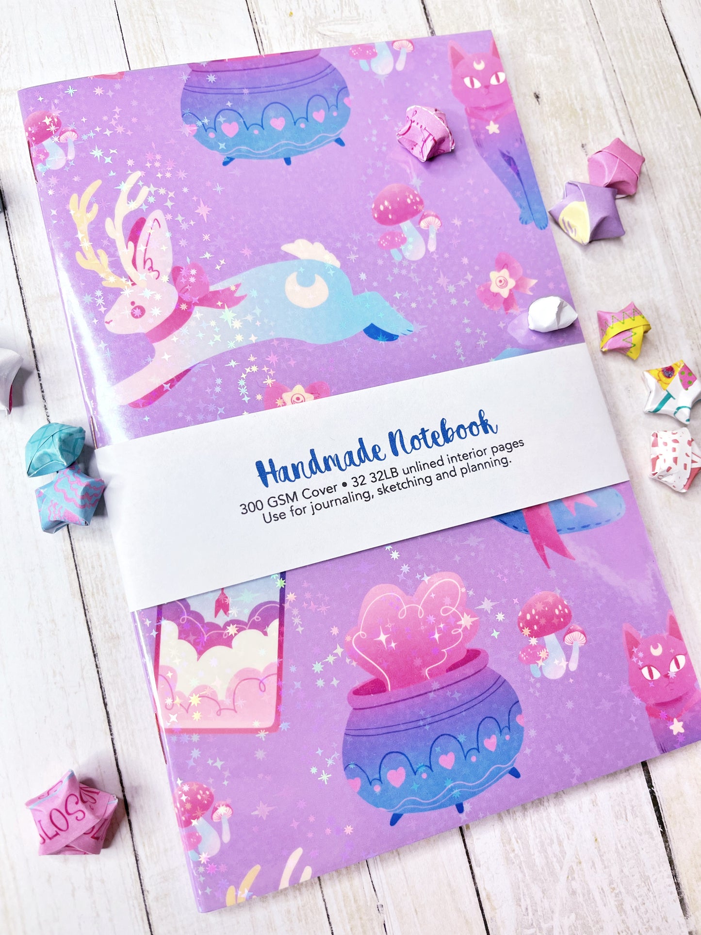 Cute Pastel Lilac Witch Handmade Notebook Blank Book Magical Girl Grimoire Witchy A5 Half Letter Journal planner (Copy)