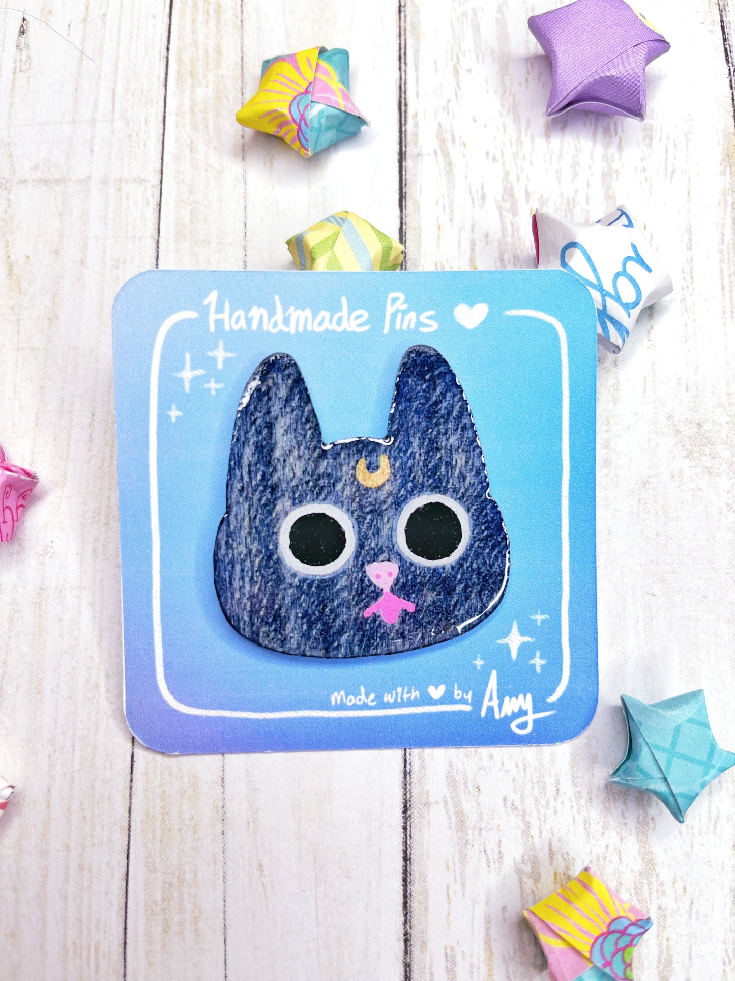 A Cute Handmade Sassy Black Cat Wooden Pin with Hard Resin Enamel