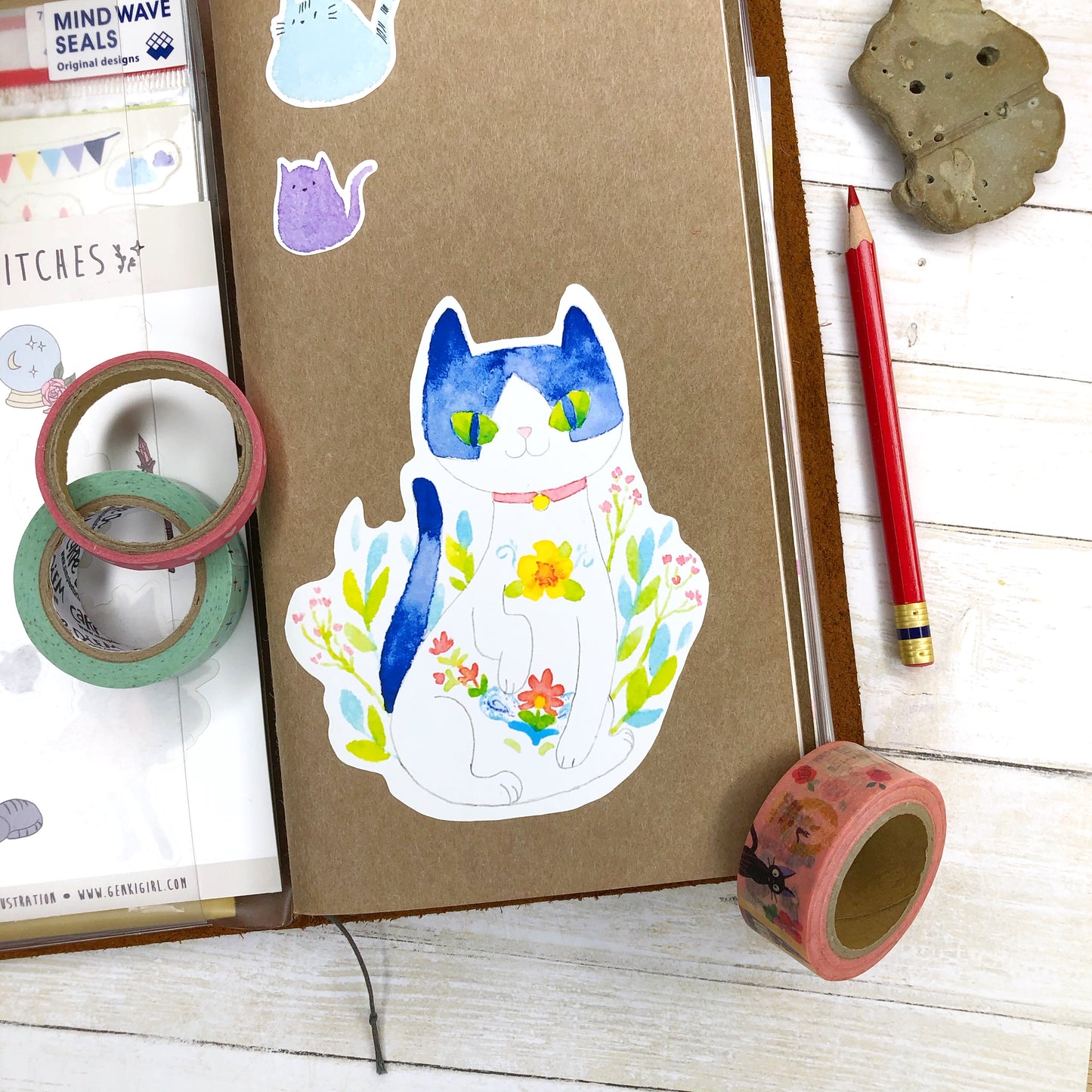 Extra Large Cute Floral Cat Watercolor Sticker for laptops, water bottles and more!