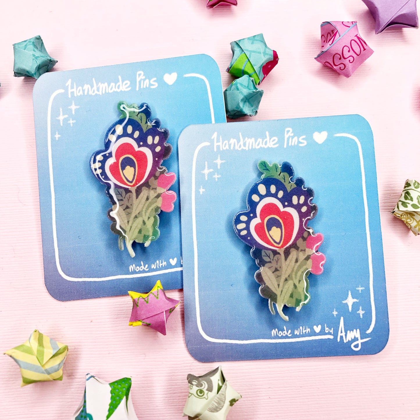 Handmade Folk Art Floral Shrink Film and Resin Brooches