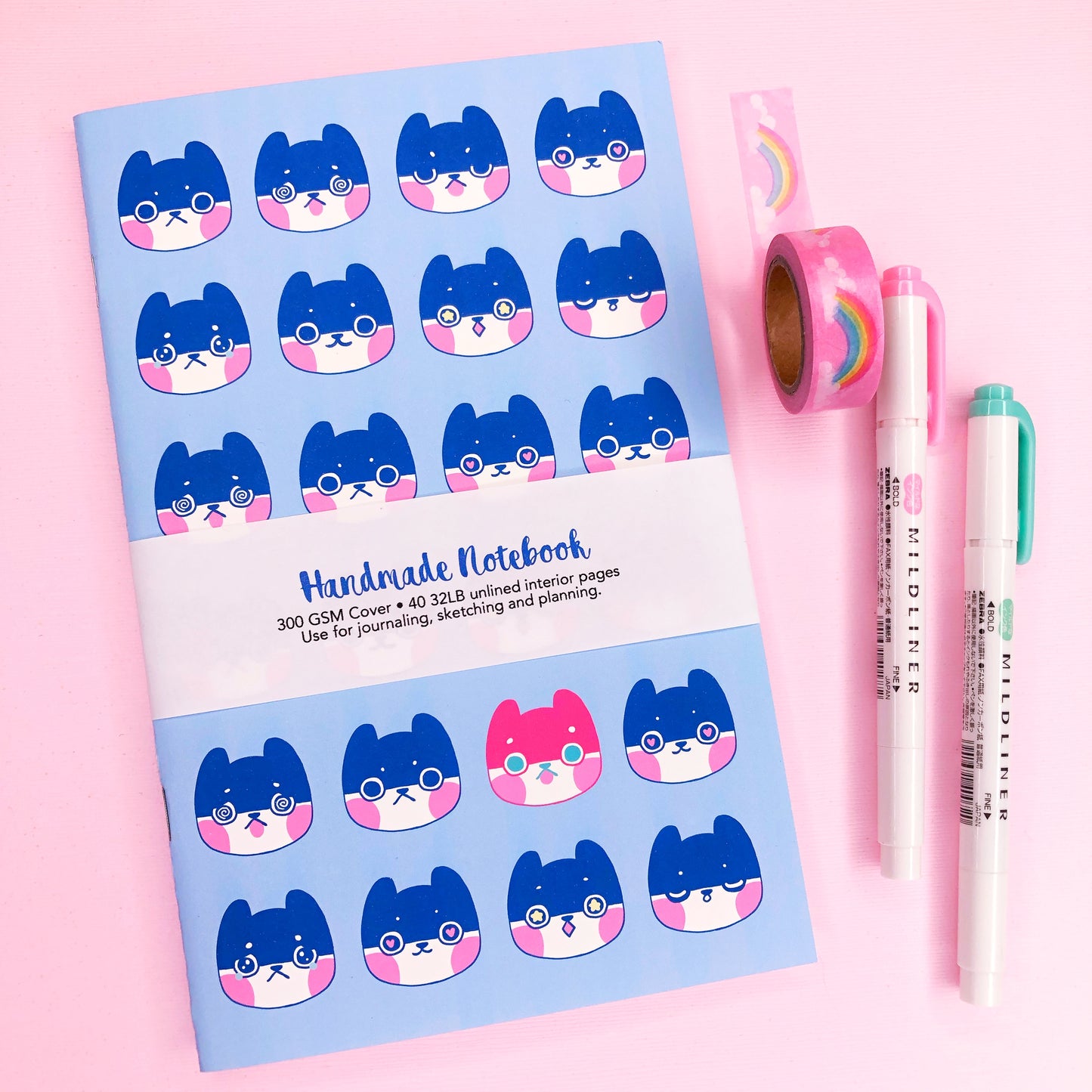 Super Cute Kitty Moods Handmade Notebook Blank Book in A5 Half Letter for journaling, sketching and more!