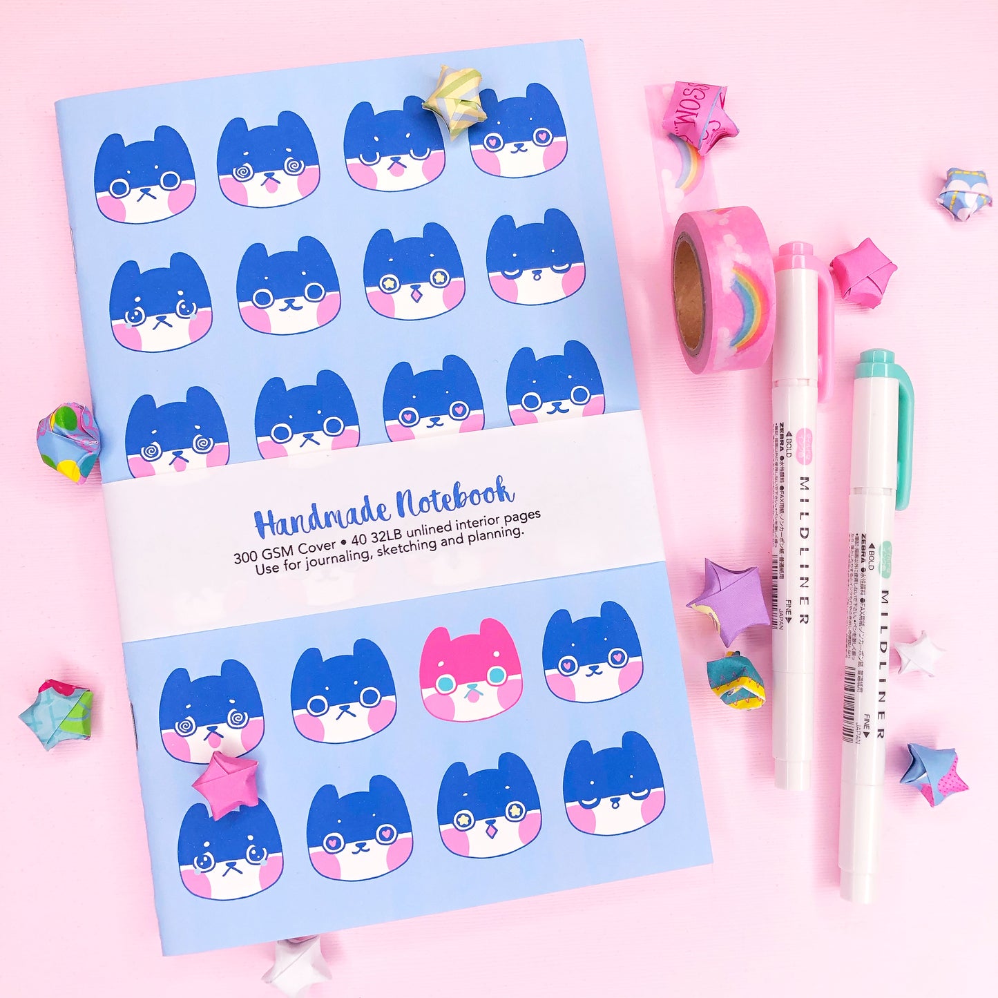 Super Cute Kitty Moods Handmade Notebook Blank Book in A5 Half Letter for journaling, sketching and more!