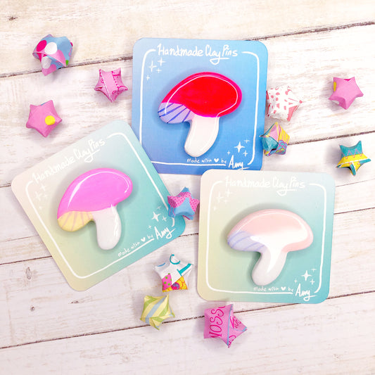 Simple Clay Mushroom Brooch Designs in Hot Pink with Resin Coating