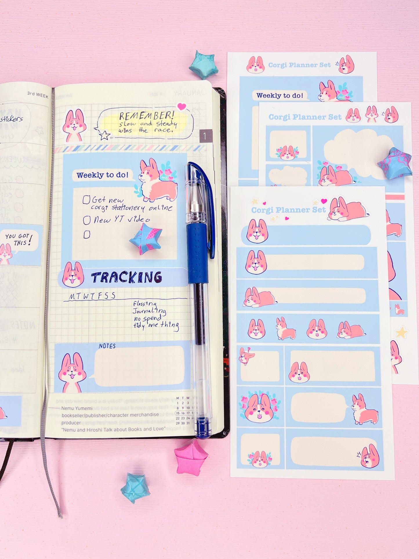 Cute Pastel Blue Pembroke Welsh Corgi Planner Sticker Set for Hobonichi Weeks and Other Planners