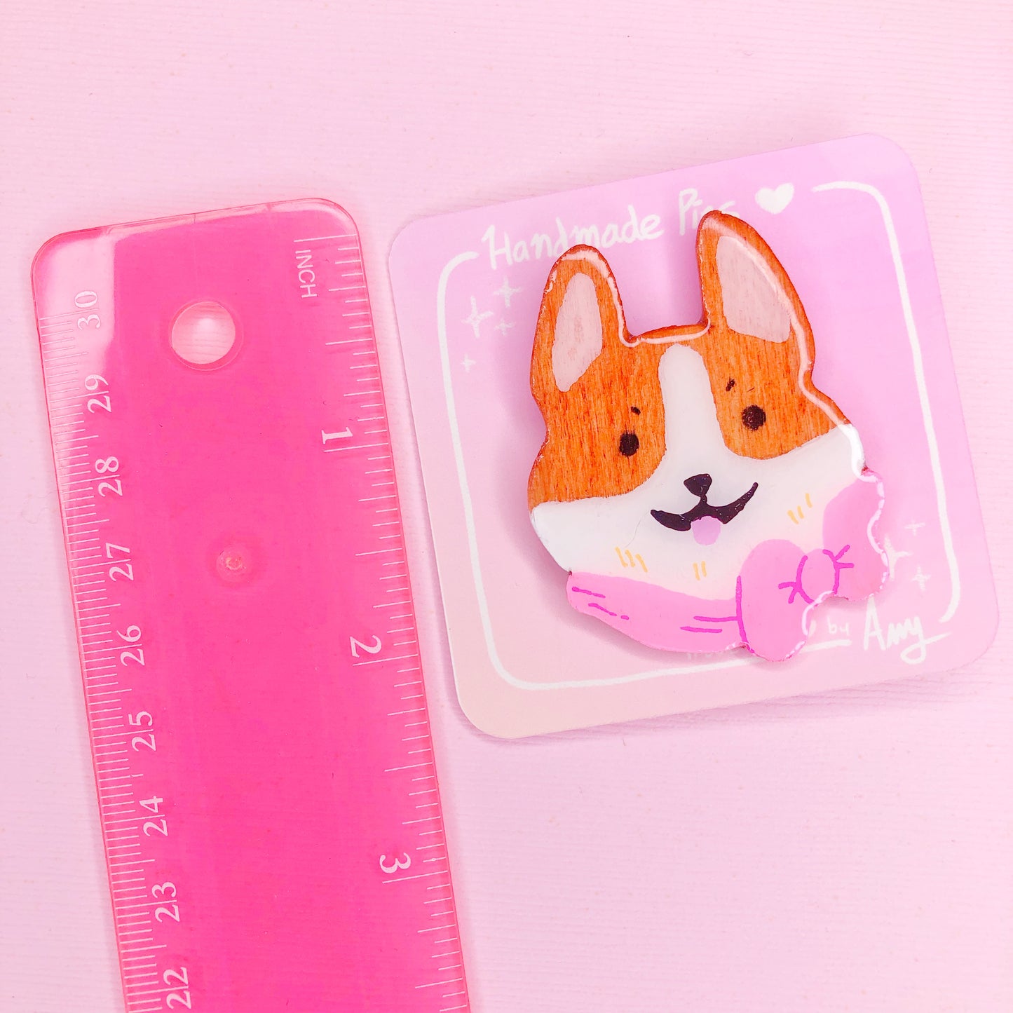 A Cute Handmade Happy Pembroke Welsh Corgi Wooden Pin with Hard Resin Enamel