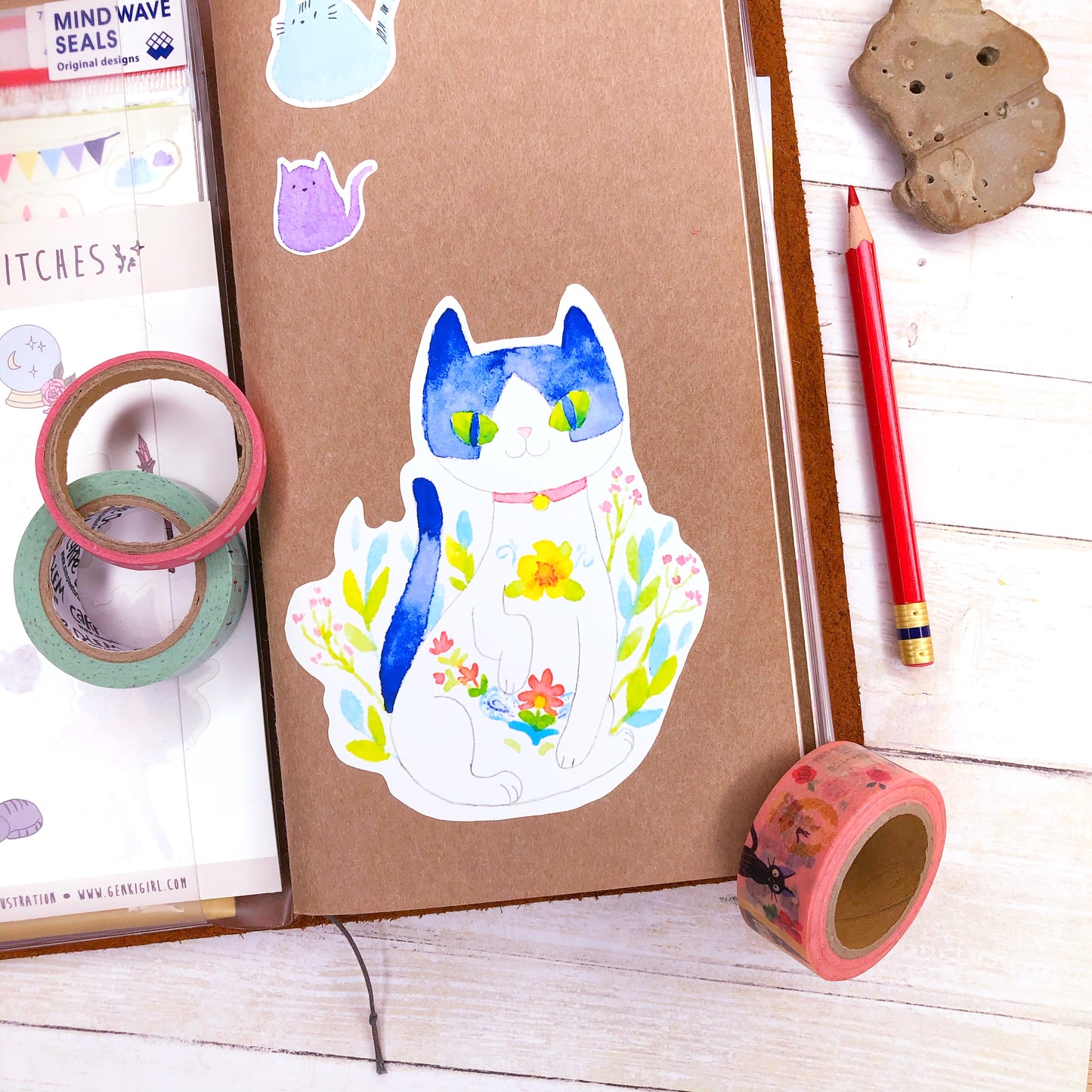 Extra Large Cute Floral Cat Watercolor Sticker for laptops, water bottles and more!