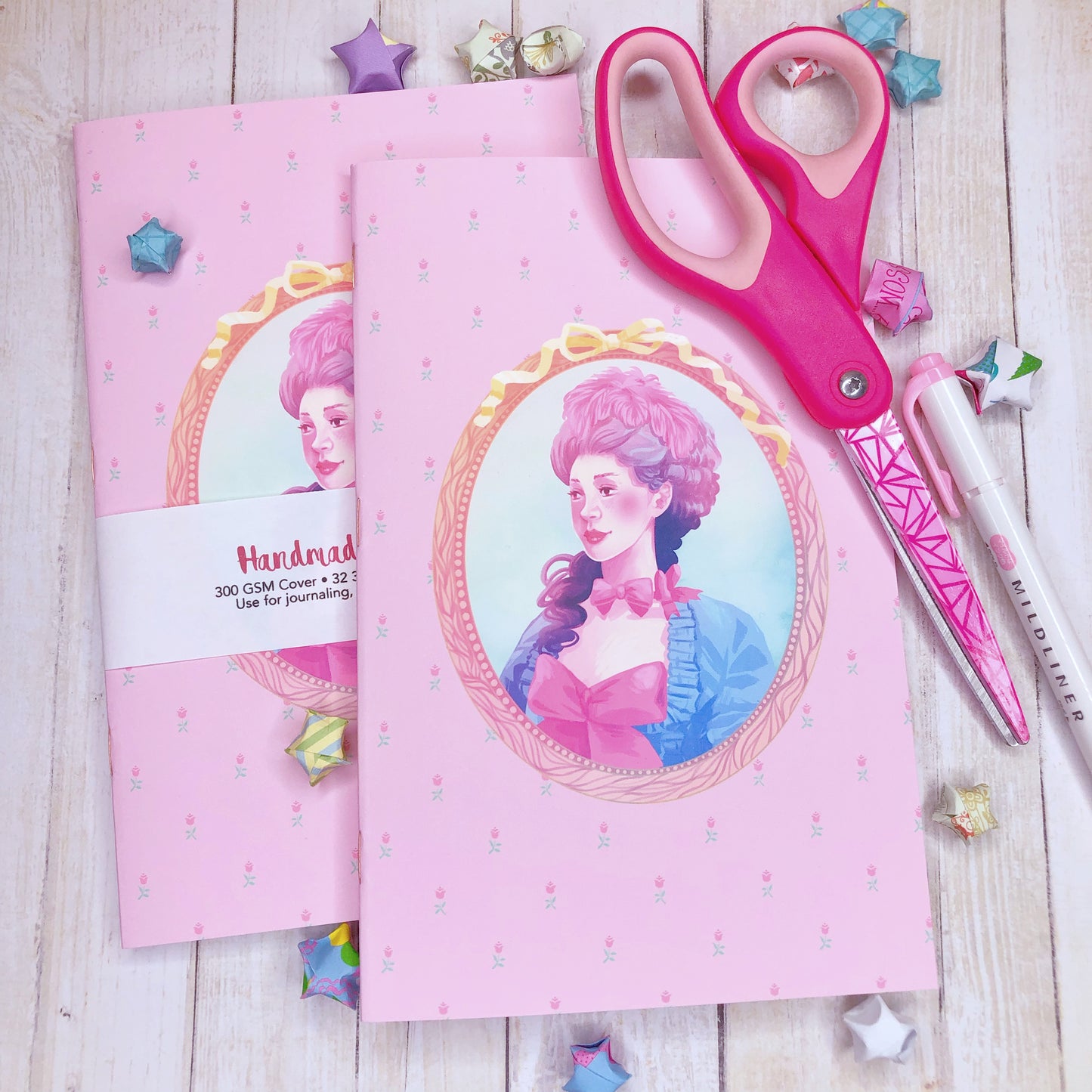 Lovely Pastel Pink Marie Antoinette Handmade Notebook Blank Book in A5 Half Letter for journaling, sketching and more!