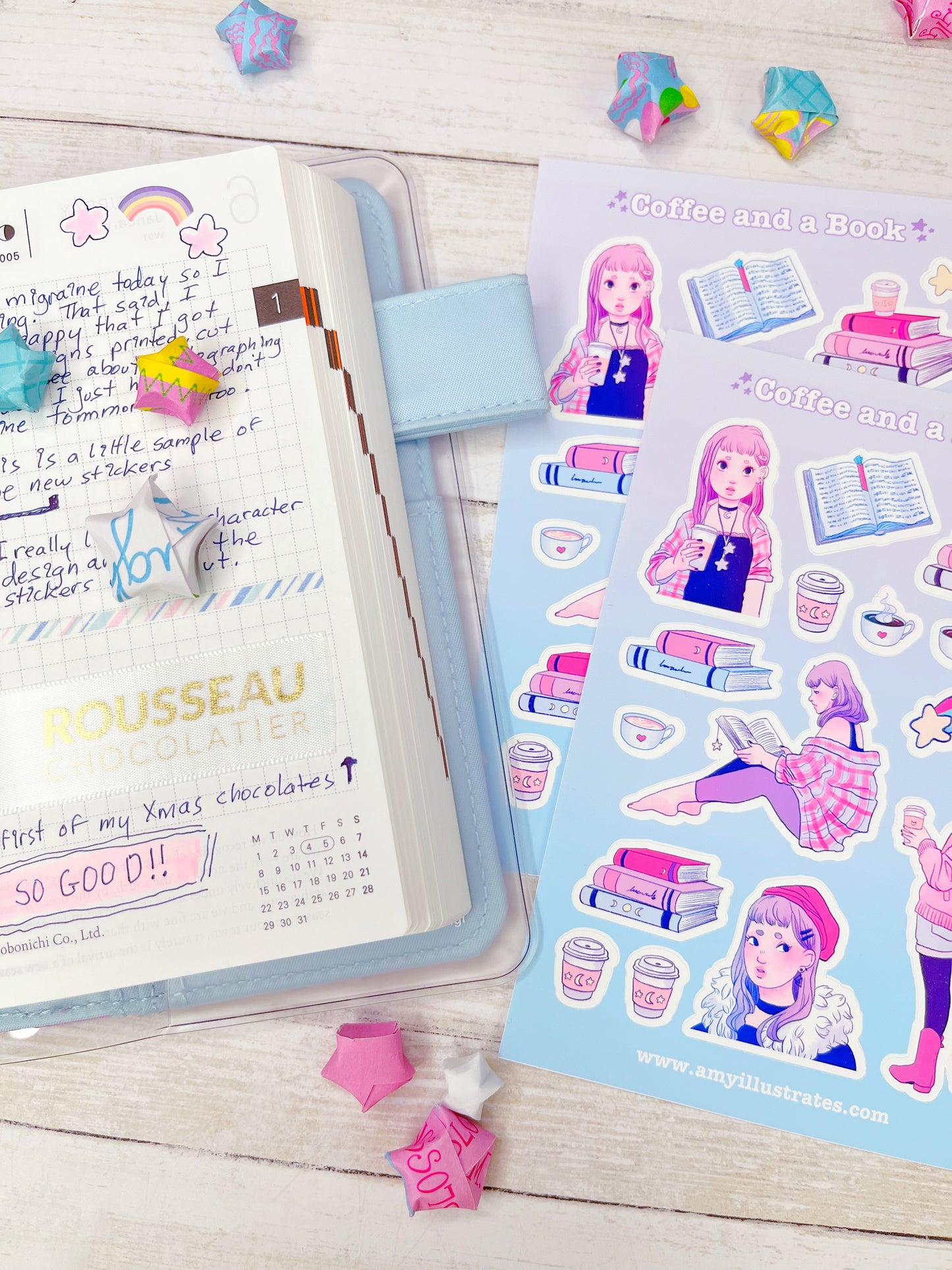 Cute Pink and Lavender Girl with Coffee and Books Planner Stickers.