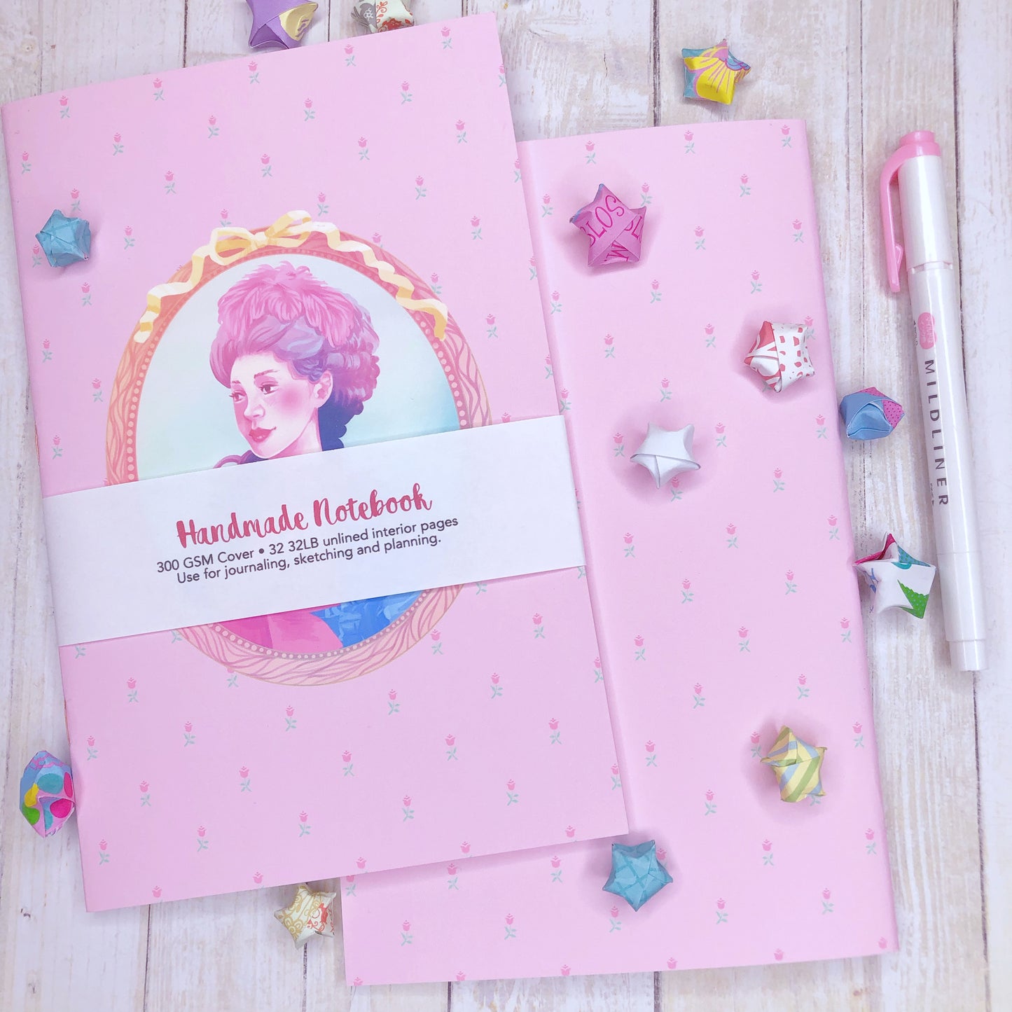 Lovely Pastel Pink Marie Antoinette Handmade Notebook Blank Book in A5 Half Letter for journaling, sketching and more!