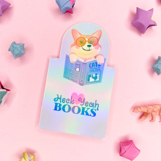 Cute Book Loving Pembroke Welsh Corgi Bookmark with Holographic Laminate